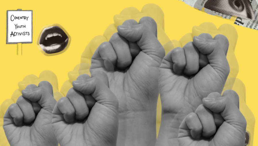 Several black and white fists are raised in solidarity against a yellow background. Yellow is CYA's colour.