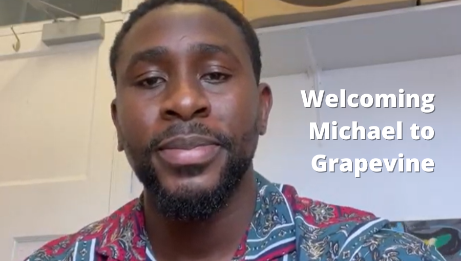 Michael Orji in a still image from his video interview. Michael is a black man with short black hair and a beard wearing a pink and blue patterned shirt. He sits in an office at Grapevine.