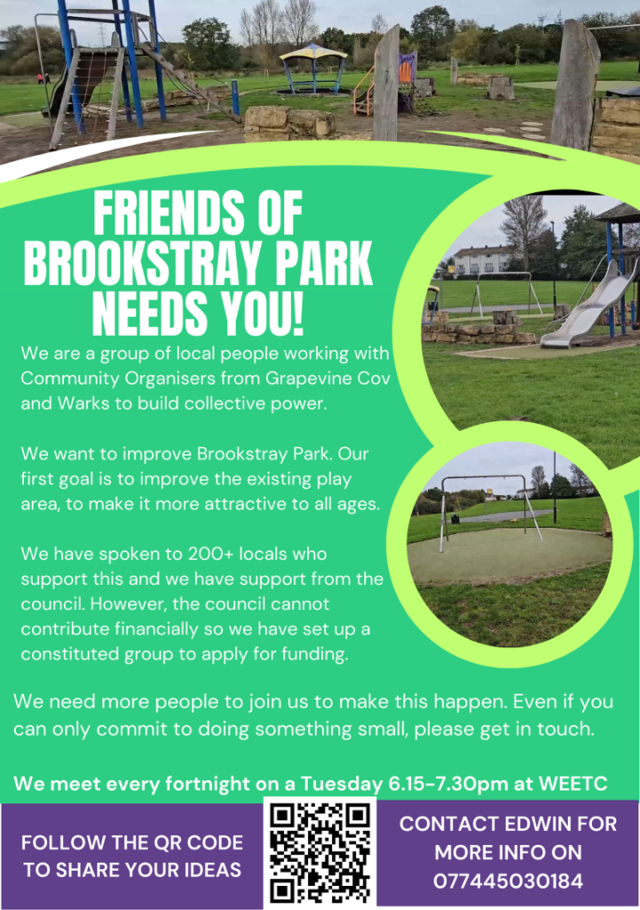 A green flyer with images of Willenhall play park as it currently is and a title that says Friends of Brookstray Park.