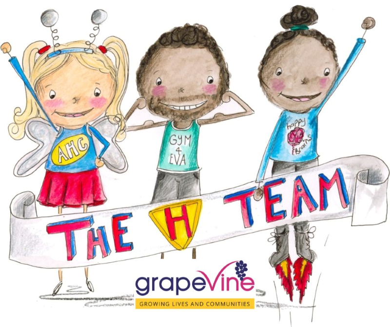 An illustration of two girls and one boy wearing superhero costumes and advertising the H Team. Their t-shirts say AHC (Annual Health Checks), Gym 4 Eva and Happy Brains. The pink, purple and yellow Grapevine logo is also seen.