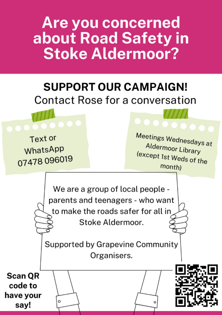 Another road safety campaign poster, this time with a QR code and contact details for community organiser Rose. All information (e.g. mobile number to contact) contained in the text of this blog post.