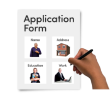 A form reads 'Application Form' with different options and a hand holding a pen hovering over the page