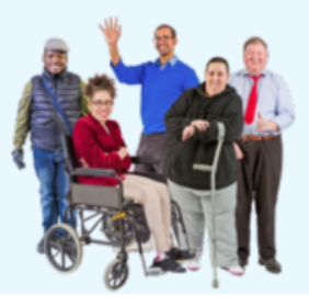 A group of people with different disabilities stand together waving and smiling at the camera