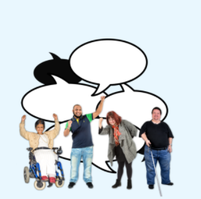 Cartoon speech bubbles are behind a group of people of different abilities