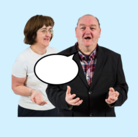 A cartoon speech bubble is between a man and a woman who are talking