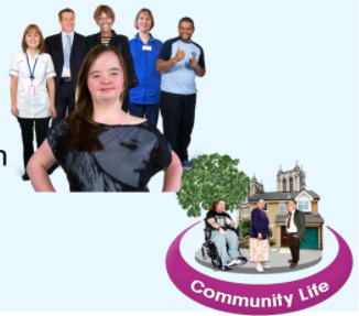 A community is represented by photos of people and cartoons of places plus the words 'Community Life'