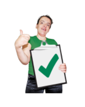 A man gives a thumbs up as he holds a clip board showing a big green tick