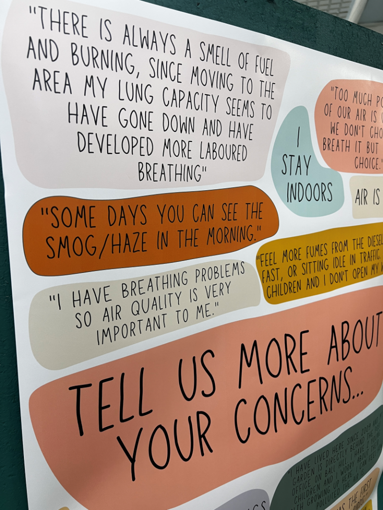 A photo of a collection of people's concerns about air quality in their neighbourhood displayed on a wall.