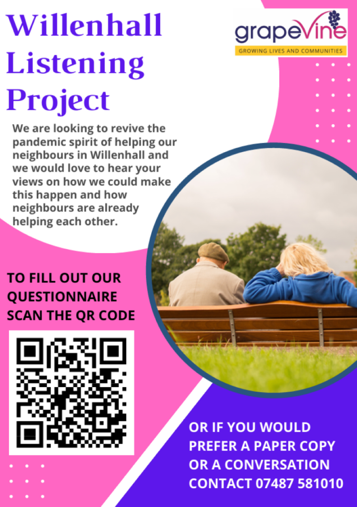 A purple and pink poster advertising details of a local listening survey in Willenhall about community spirit. Two people in a photo sit together on a bench.