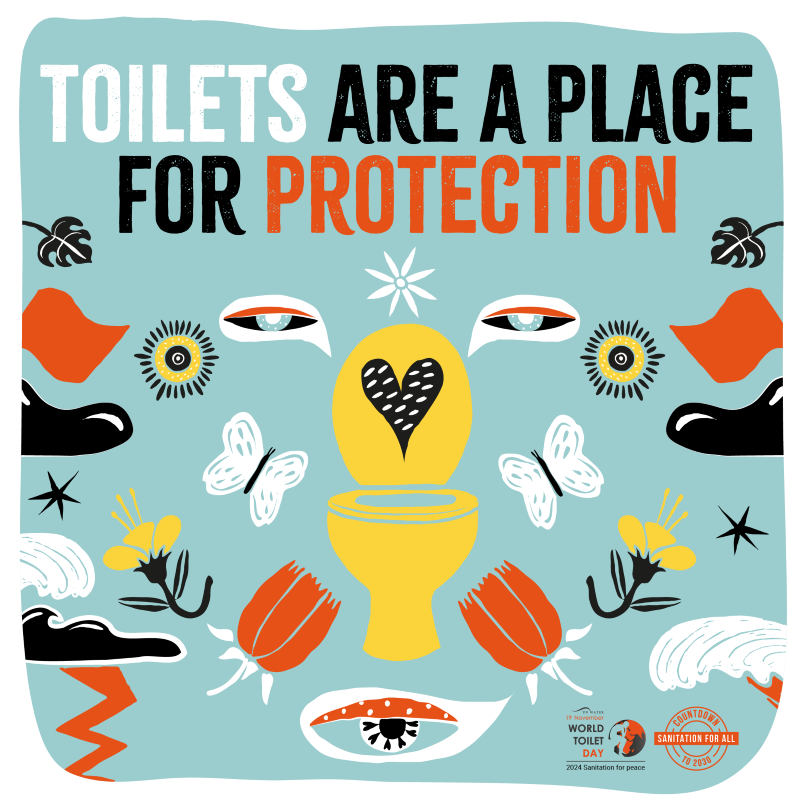 A United Nations, founders of World Toilet Day, graphic with a blue background and illustrations of a yellow toilet with a heart on the lid, butterflies and flowers. The words say that toilets are a place for protection.